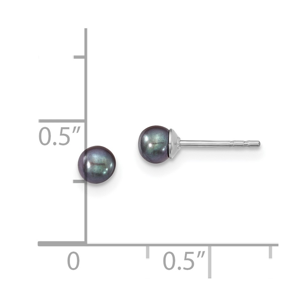 Sterling Silver Rhodium-plated 3-4mm Black Round Freshwater Cultured Pearl Post Earrings (QE12699)