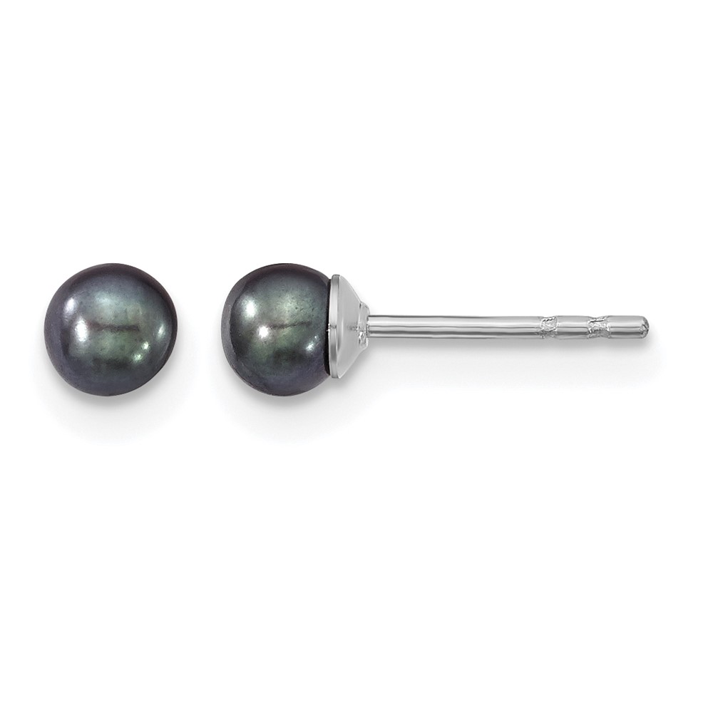 Sterling Silver Rhodium-plated 3-4mm Black Round Freshwater Cultured Pearl Post Earrings (QE12699)