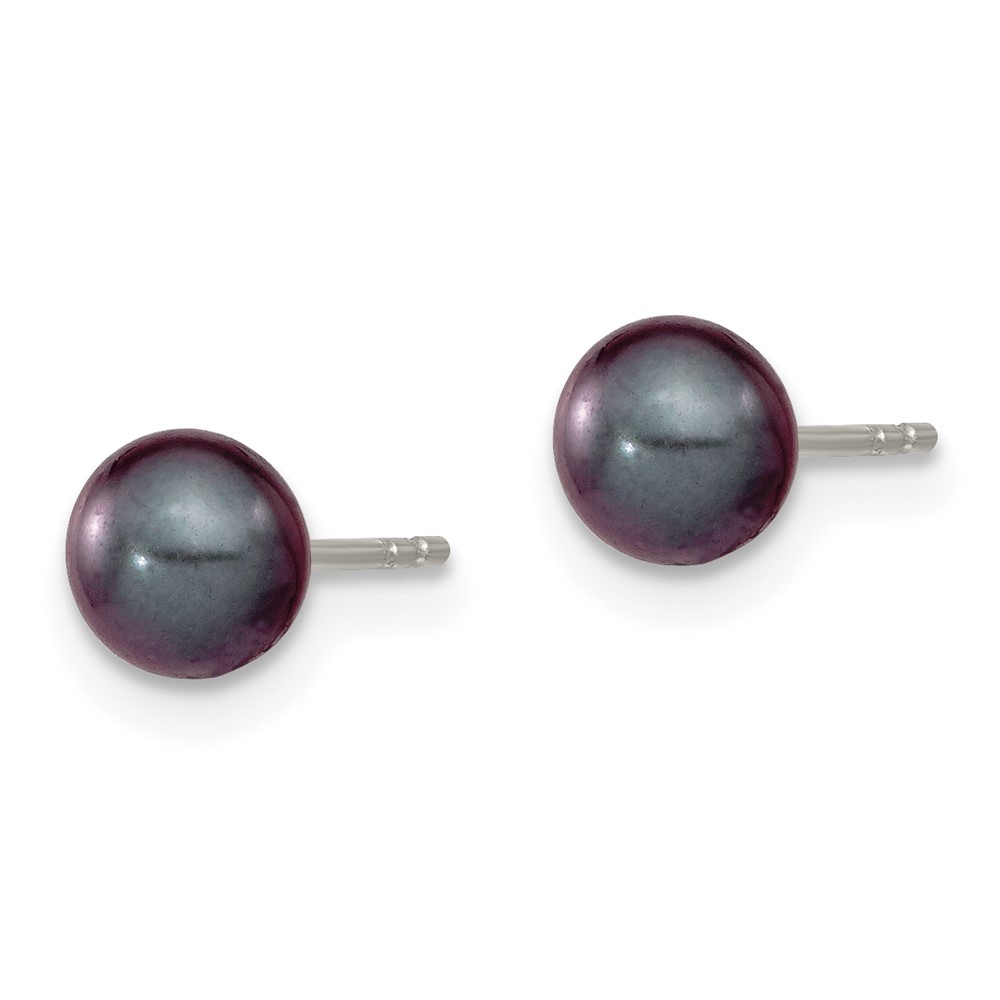 Sterling Silver Rhodium-plated 5-6mm Black Round Freshwater Cultured Pearl Post Earrings (QE12701)