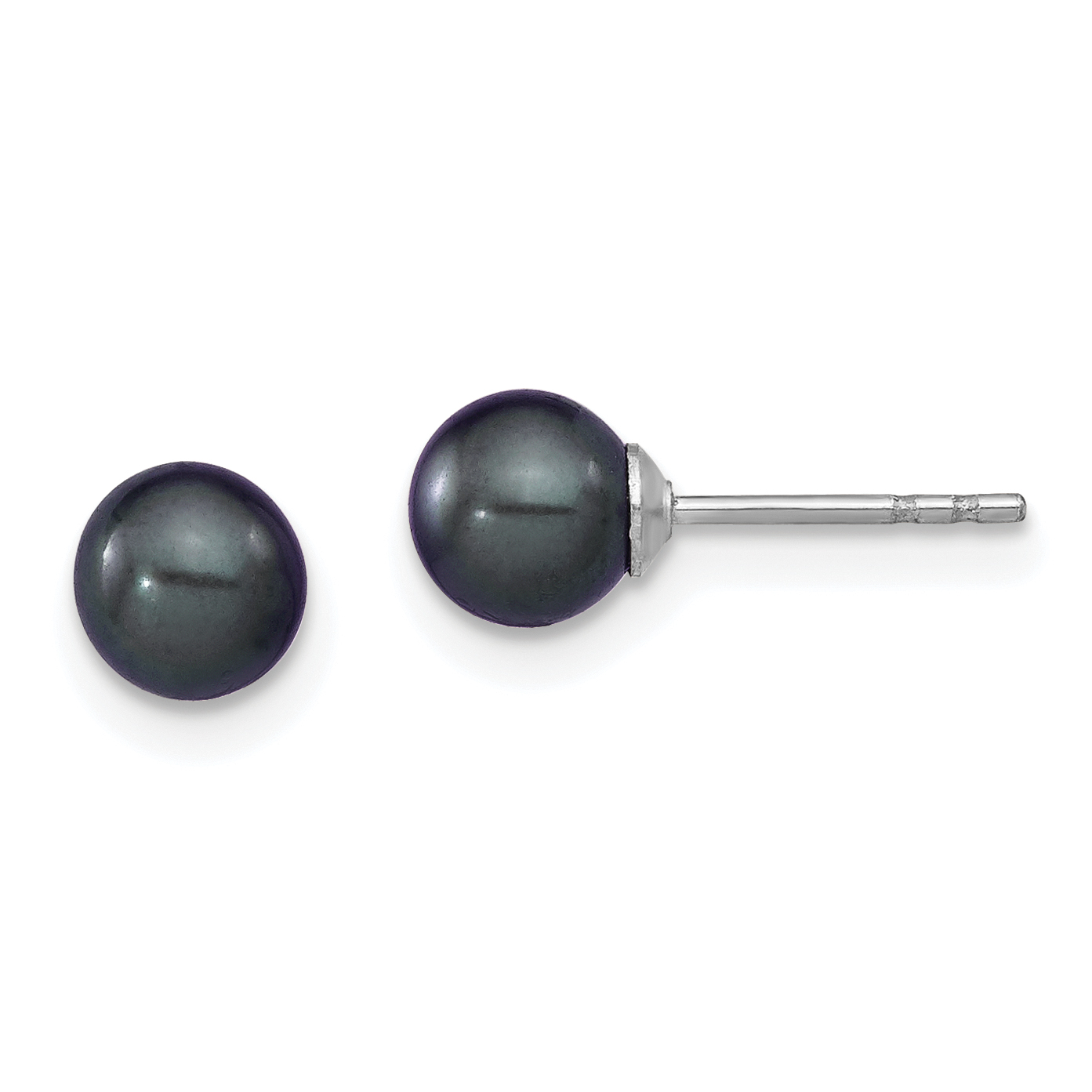 Sterling Silver Rhodium-plated 5-6mm Black Round Freshwater Cultured Pearl Post Earrings (QE12701)