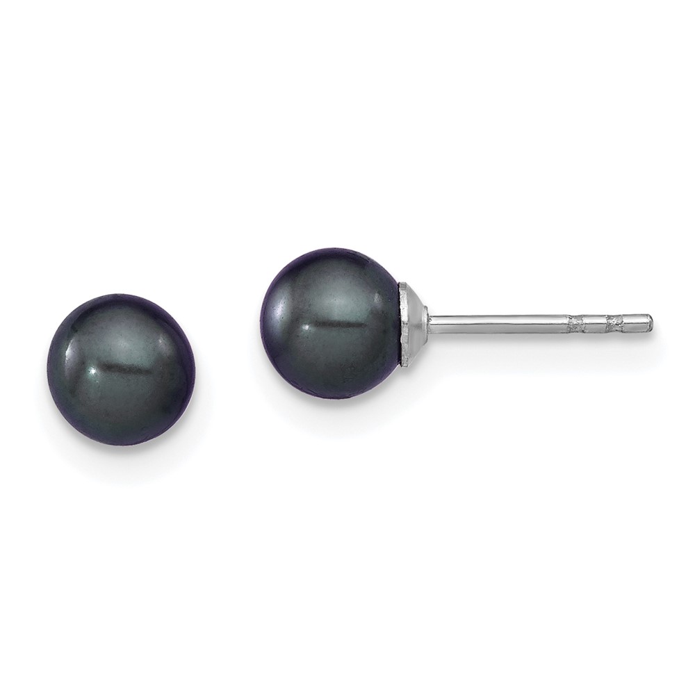 Sterling Silver Rhodium-plated 5-6mm Black Round Freshwater Cultured Pearl Post Earrings (QE12701)
