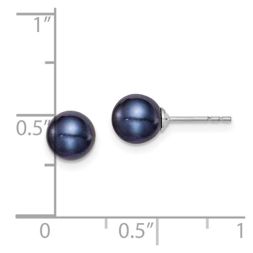 Sterling Silver Rhodium-plated 6-7mm Black Round Freshwater Cultured Pearl Post Earrings (QE12702)
