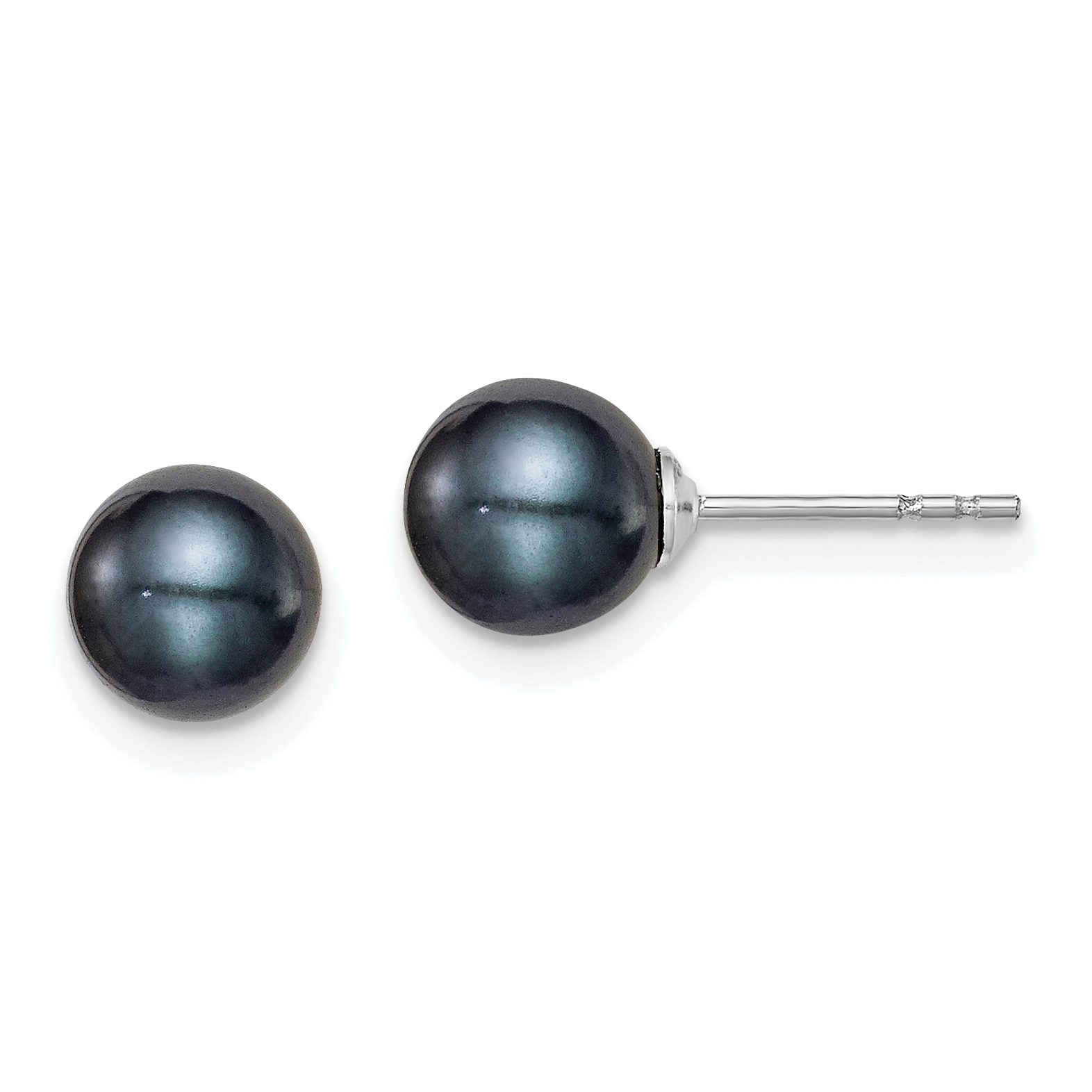 Sterling Silver Rhodium-plated 6-7mm Black Round Freshwater Cultured Pearl Post Earrings (QE12702)