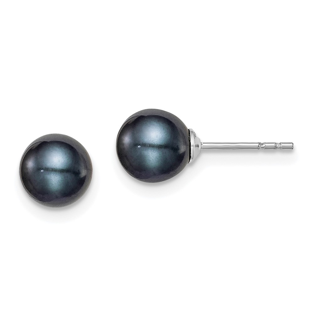 Sterling Silver Rhodium-plated 6-7mm Black Round Freshwater Cultured Pearl Post Earrings (QE12702)