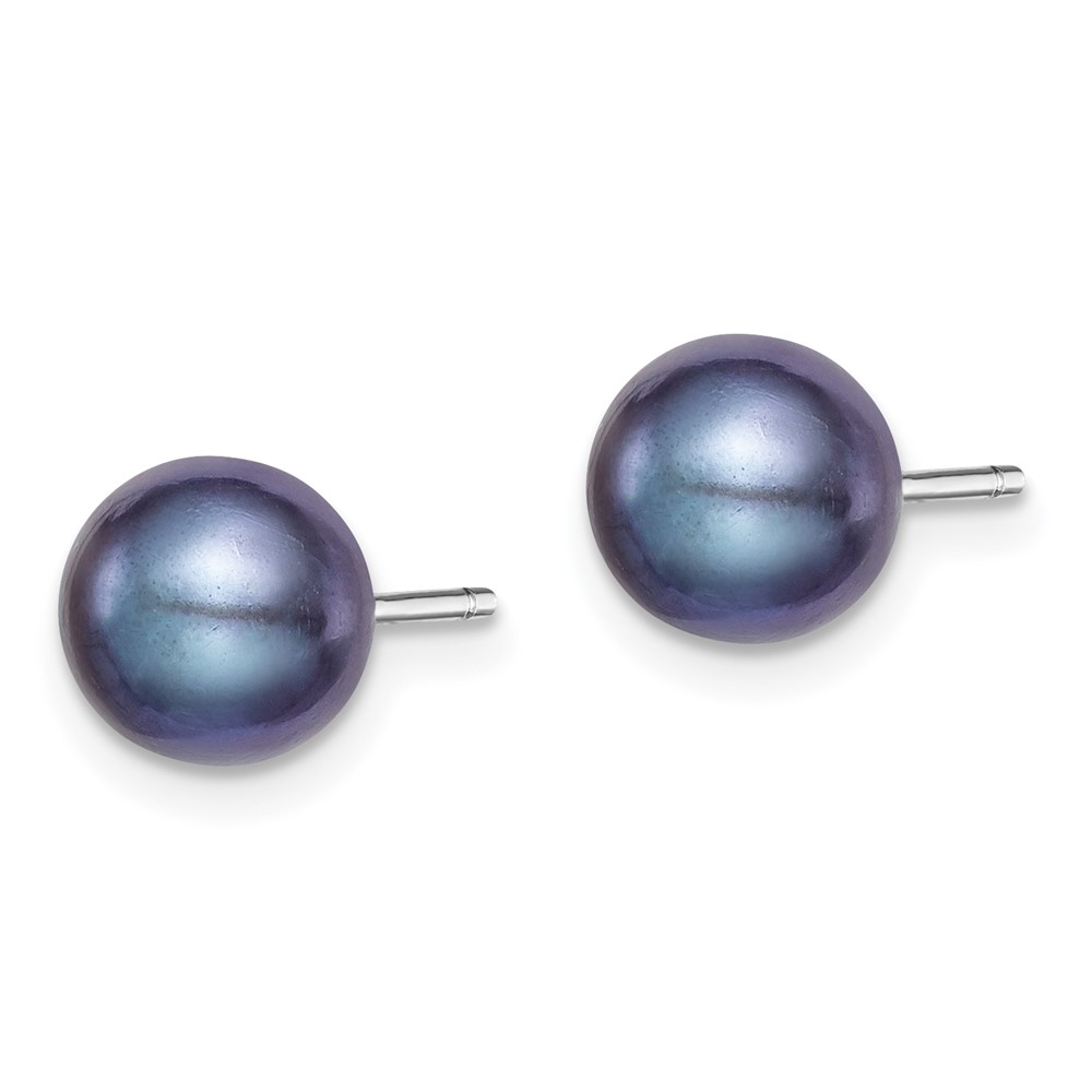 Sterling Silver Rhodium-plated 7-8mm Black Round Freshwater Cultured Pearl Post Earrings (QE12703)
