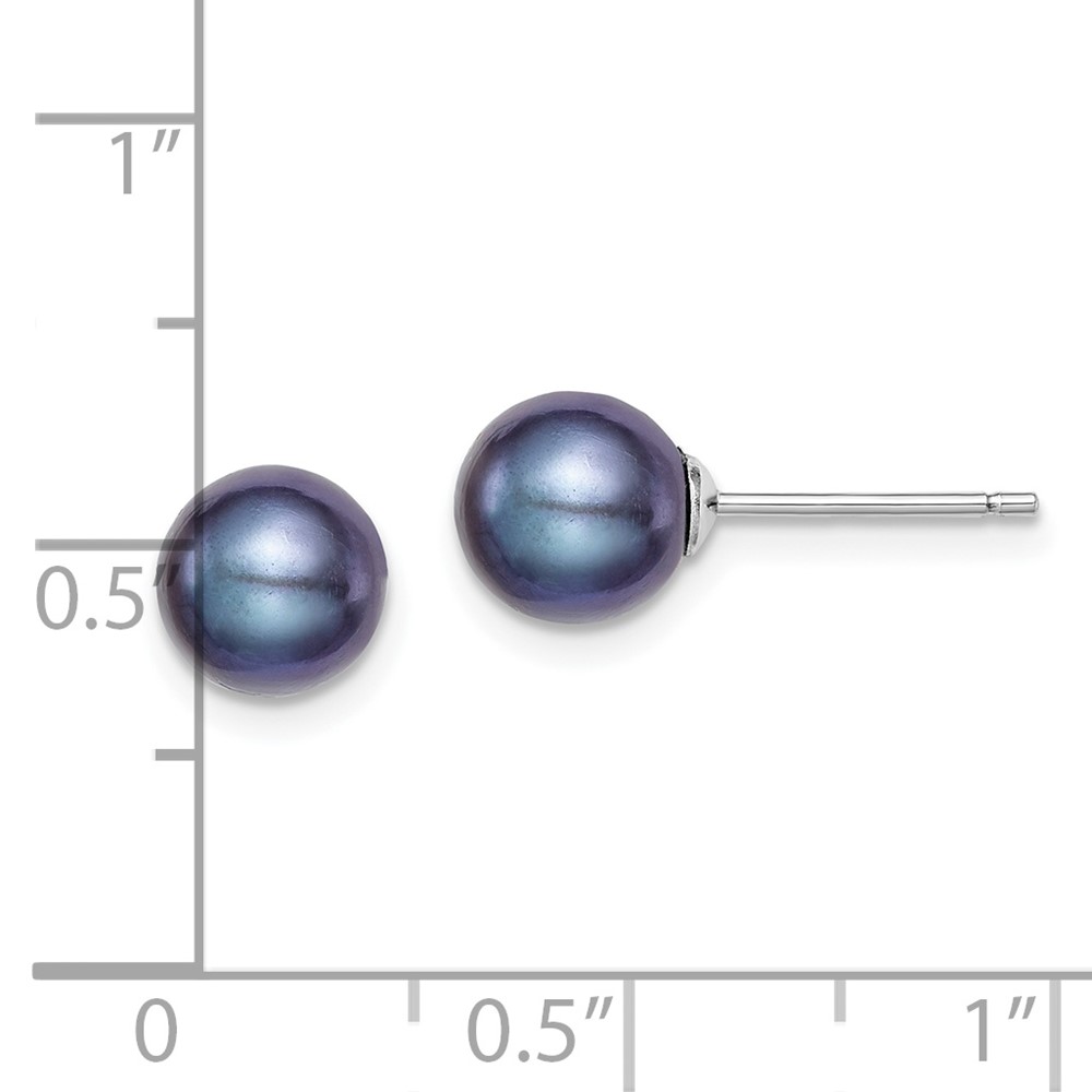 Sterling Silver Rhodium-plated 7-8mm Black Round Freshwater Cultured Pearl Post Earrings (QE12703)