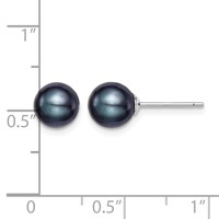 Sterling Silver Rhodium-plated 7-8mm Black Round Freshwater Cultured Pearl Post Earrings view 4