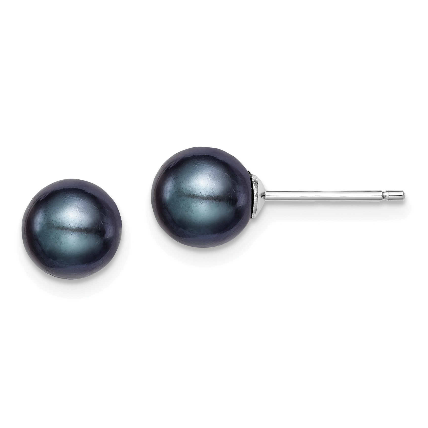 Sterling Silver Rhodium-plated 7-8mm Black Round Freshwater Cultured Pearl Post Earrings (QE12703)
