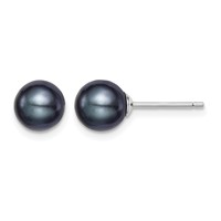 Sterling Silver Rhodium-plated 7-8mm Black Round Freshwater Cultured Pearl Post Earrings view 1