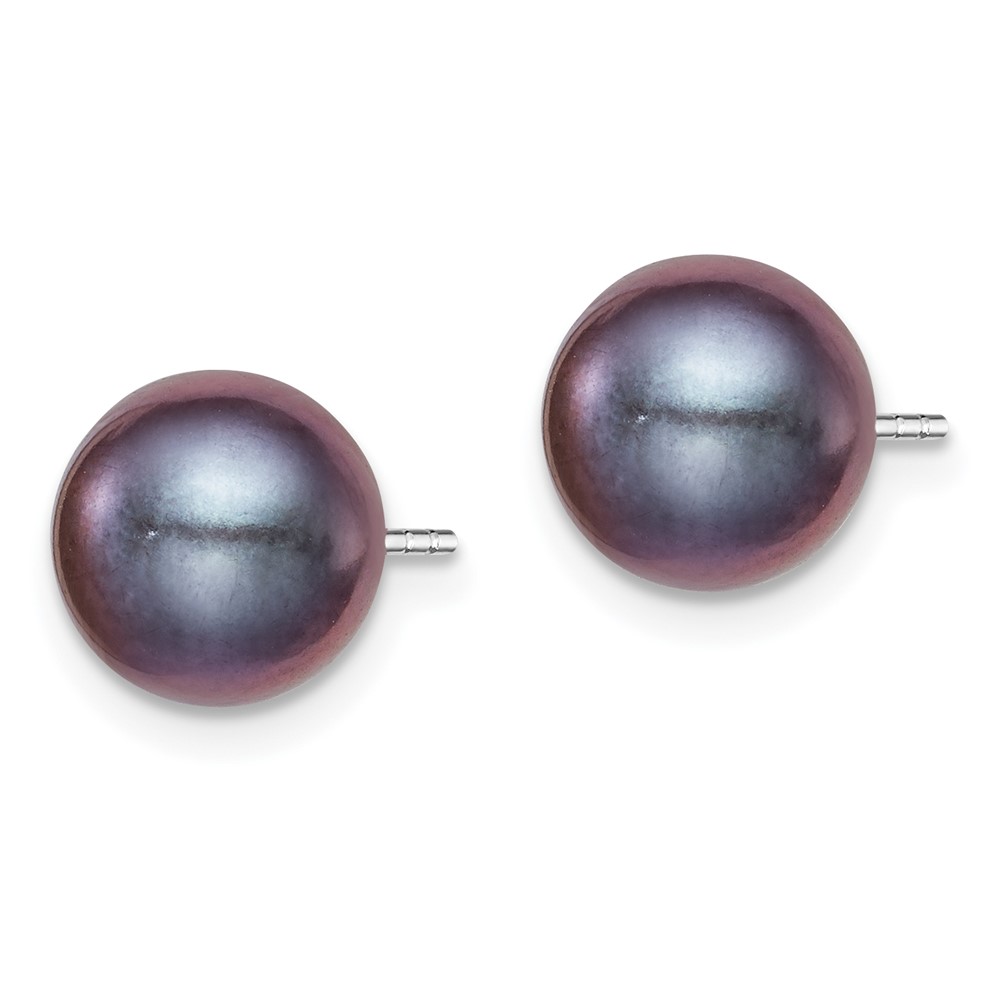 Sterling Silver Rhodium-plated 8-9mm Black Round Freshwater Cultured Pearl Post Earrings (QE12704)