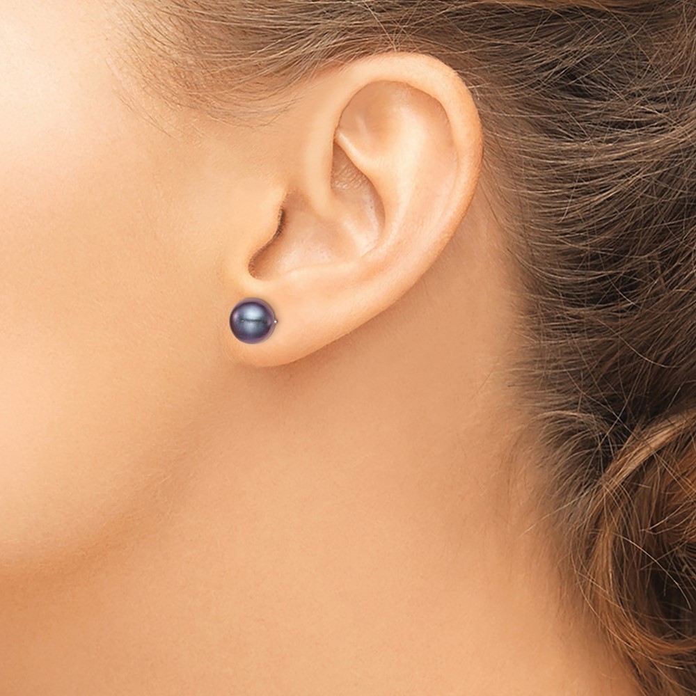 Sterling Silver Rhodium-plated 8-9mm Black Round Freshwater Cultured Pearl Post Earrings (QE12704)