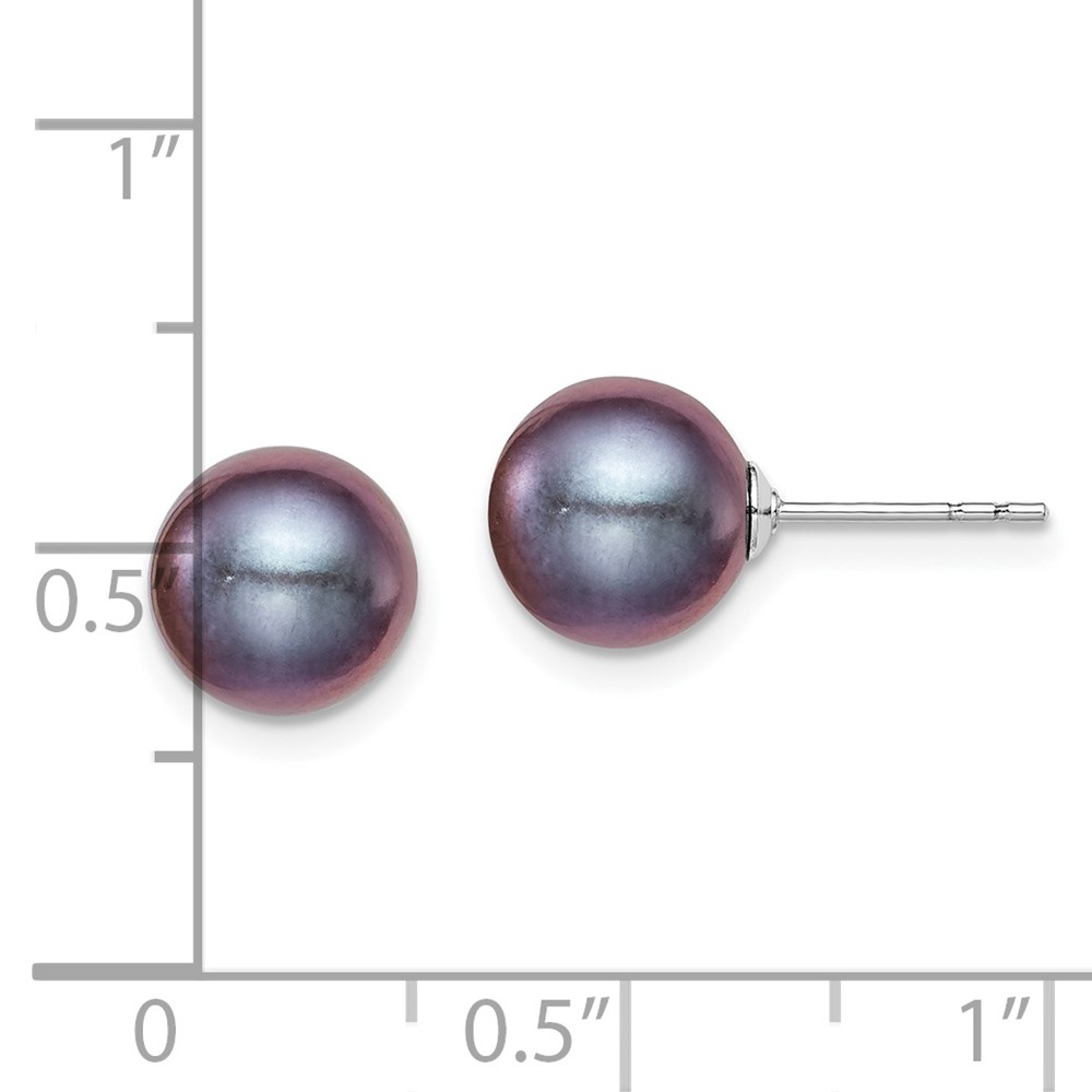 Sterling Silver Rhodium-plated 8-9mm Black Round Freshwater Cultured Pearl Post Earrings (QE12704)