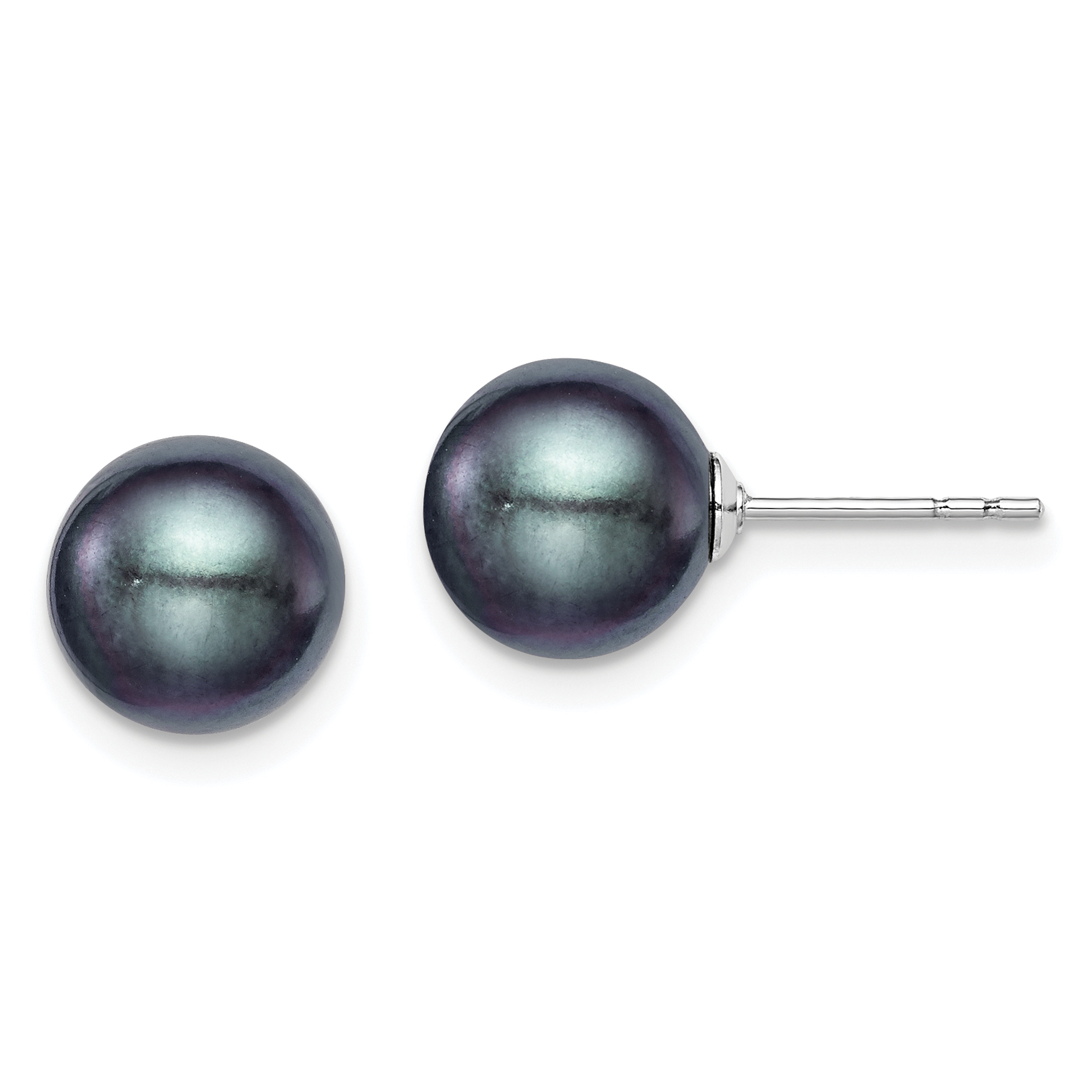 Sterling Silver Rhodium-plated 8-9mm Black Round Freshwater Cultured Pearl Post Earrings (QE12704)
