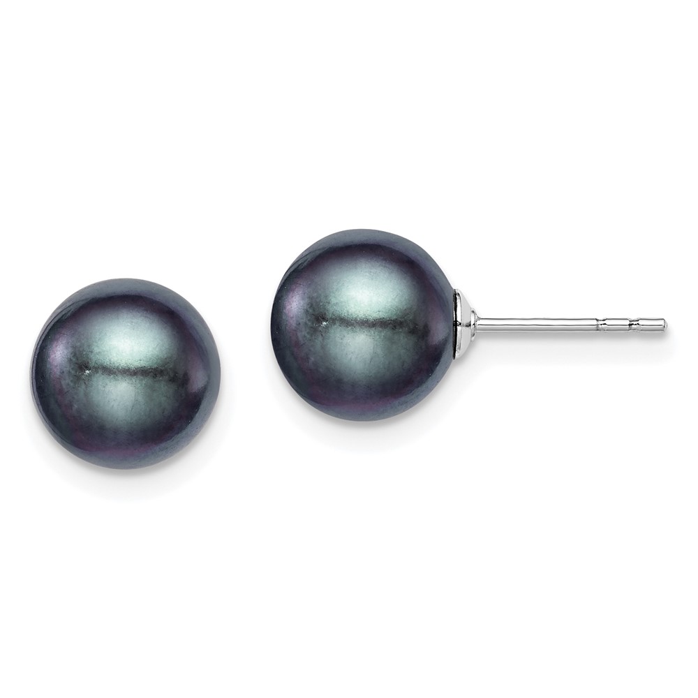 Sterling Silver Rhodium-plated 8-9mm Black Round Freshwater Cultured Pearl Post Earrings (QE12704)