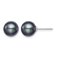 Sterling Silver Rhodium-plated 8-9mm Black Round Freshwater Cultured Pearl Post Earrings view 1