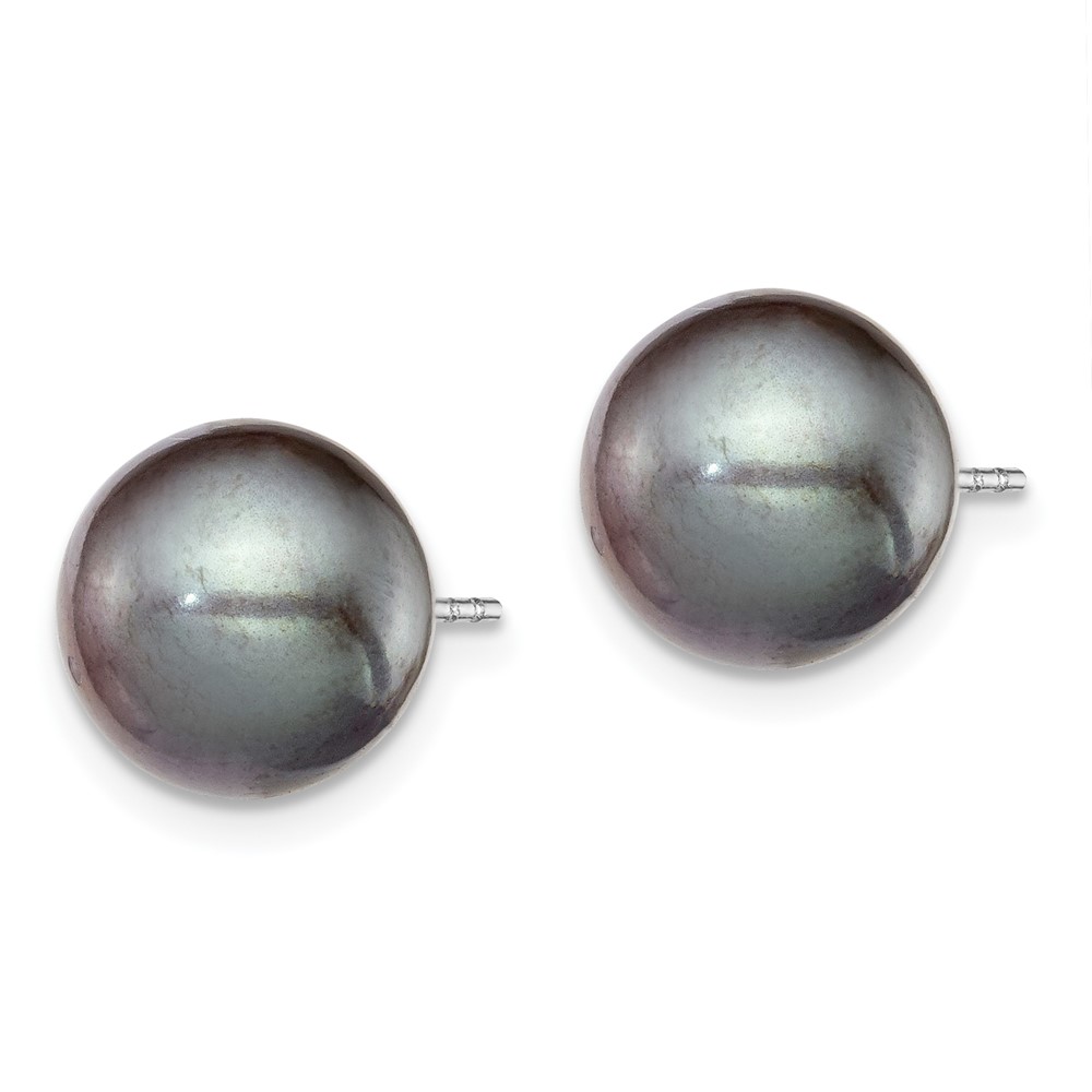 Sterling Silver Rhodium-plated 9-10mm Black Round Freshwater Cultured Pearl Post Earring (QE12705)