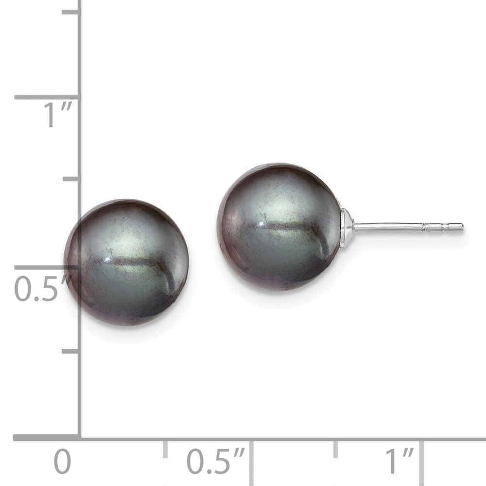 Sterling Silver Rhodium-plated 9-10mm Black Round Freshwater Cultured Pearl Post Earring (QE12705)