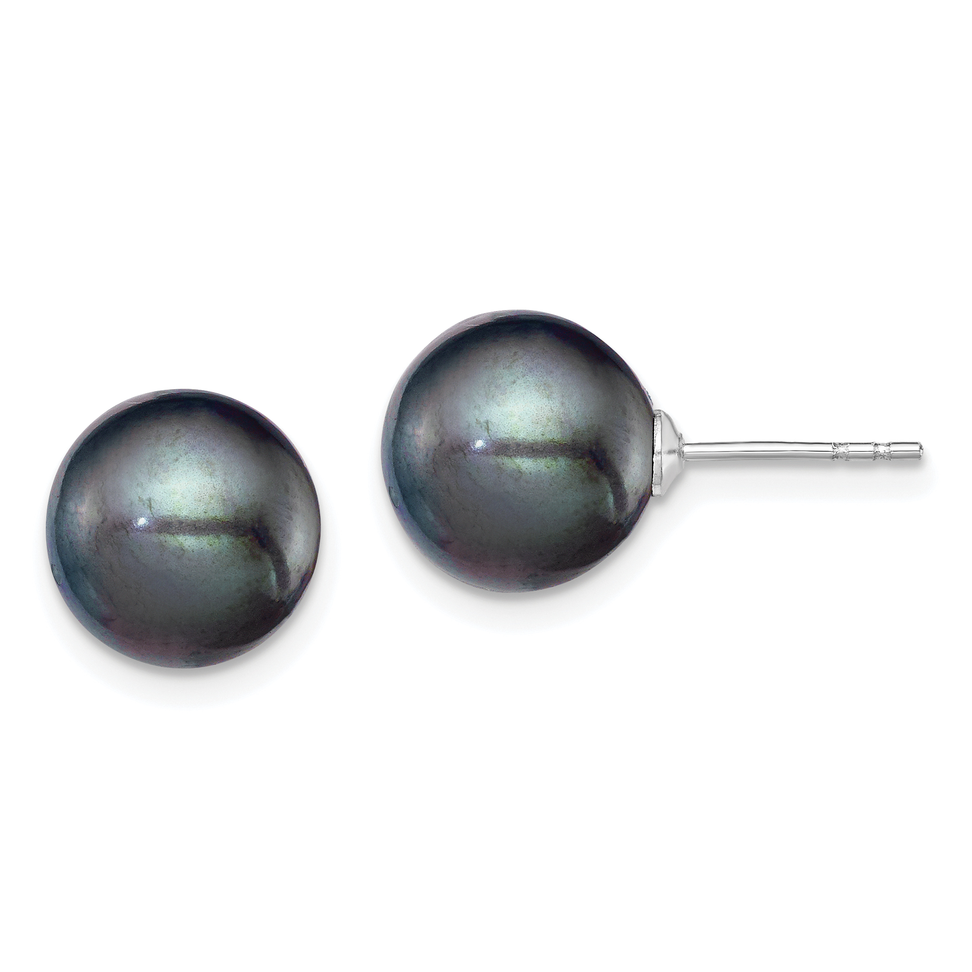 Sterling Silver Rhodium-plated 9-10mm Black Round Freshwater Cultured Pearl Post Earring (QE12705)