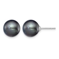 Sterling Silver Rhodium-plated 9-10mm Black Round Freshwater Cultured Pearl Post Earring view 1
