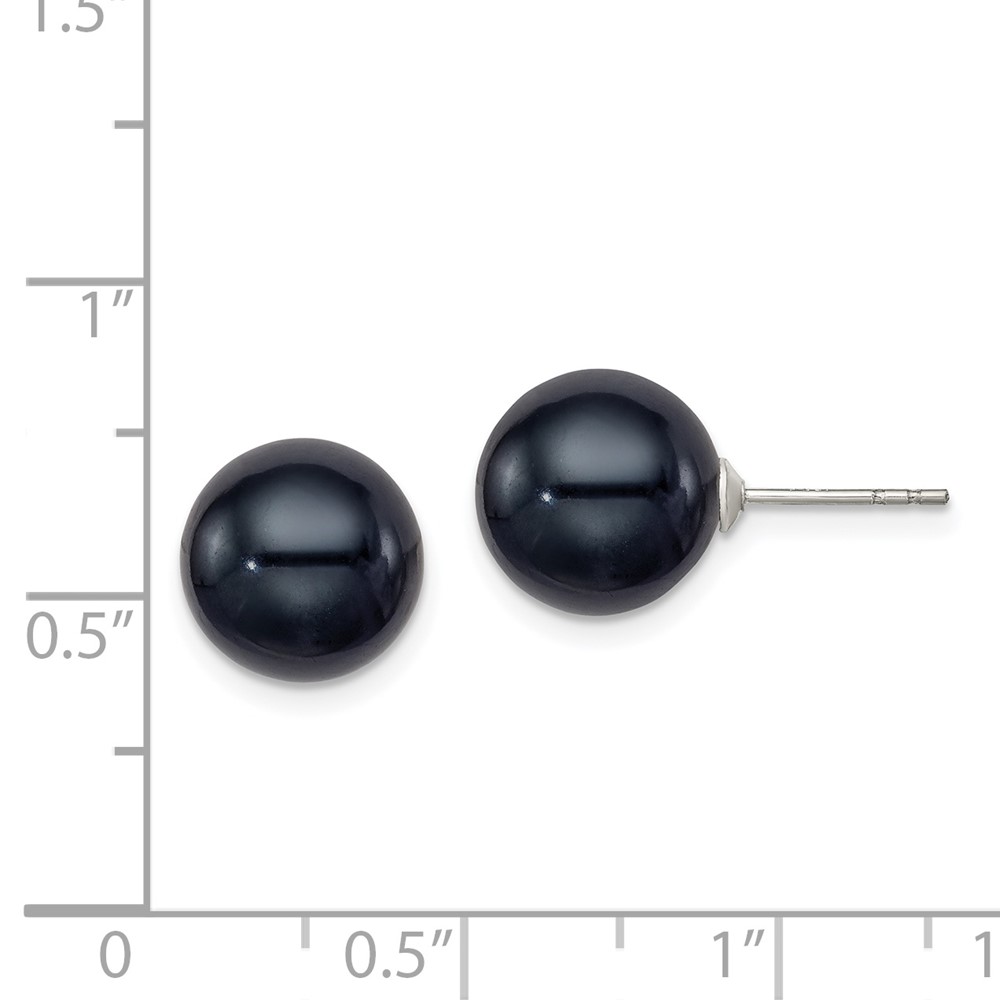 Sterling Silver Rhodium-plated 10-11mm Black Round Freshwater Cultured Pearl Post Earrings (QE12706)