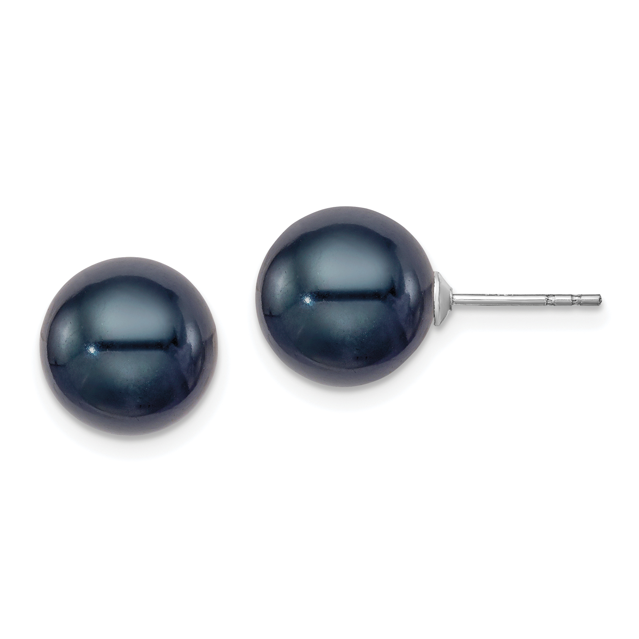 Sterling Silver Rhodium-plated 10-11mm Black Round Freshwater Cultured Pearl Post Earrings (QE12706)