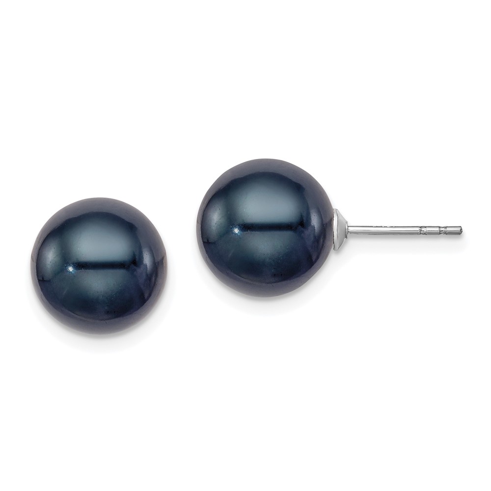 Sterling Silver Rhodium-plated 10-11mm Black Round Freshwater Cultured Pearl Post Earrings (QE12706)