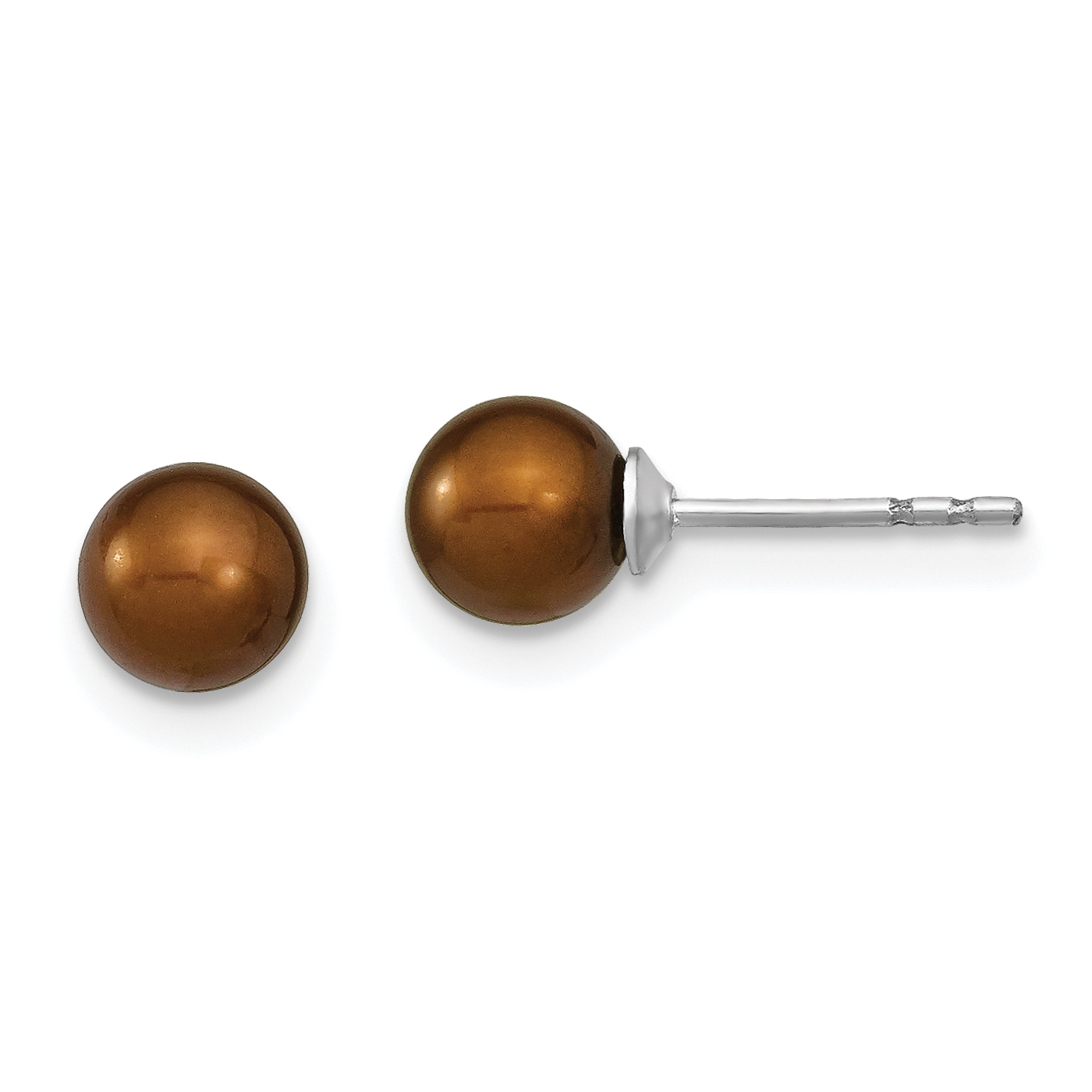 Sterling Silver Rhodium-plated 5-6mm Brown Round Freshwater Cultured Pearl Post Earring (QE12708)