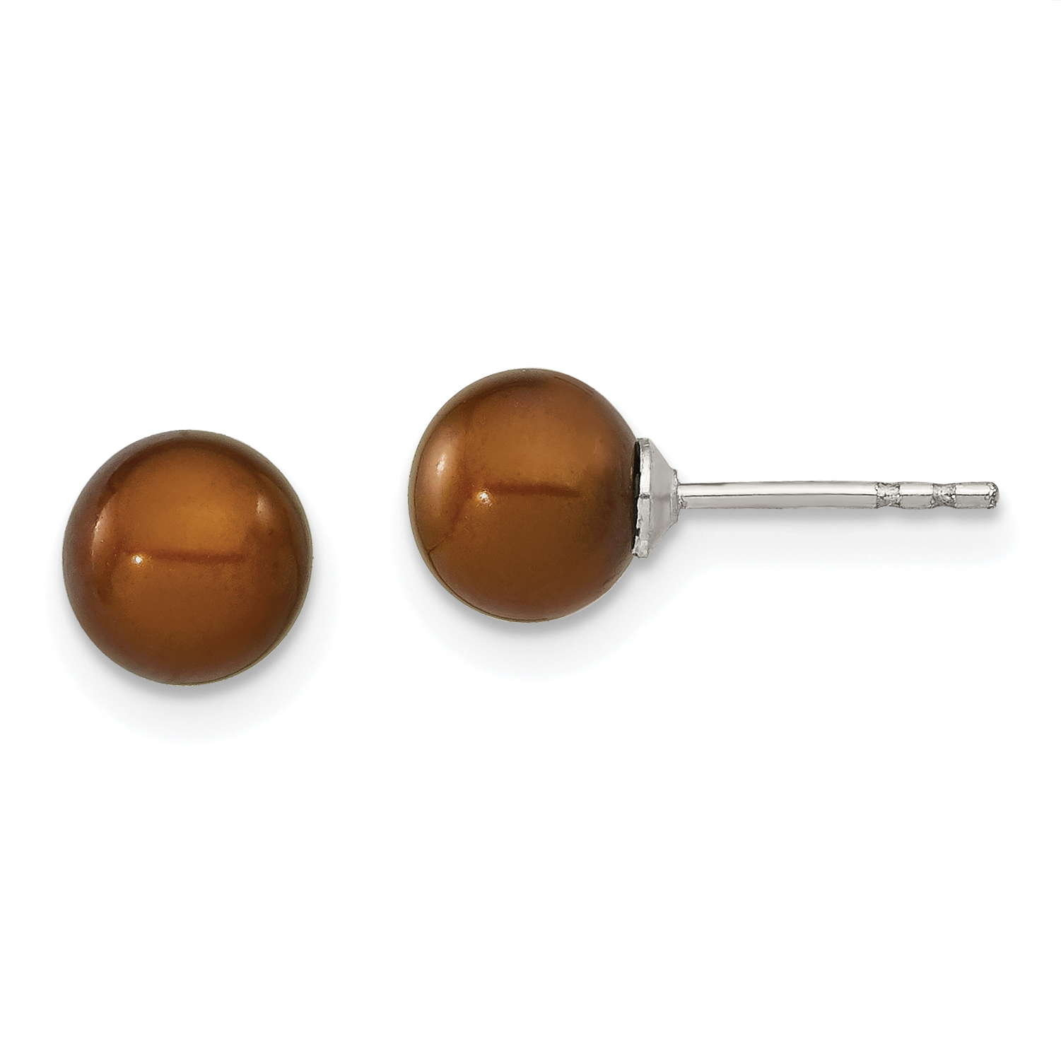 Sterling Silver Rhodium-plated 6-7mm Brown Round Freshwater Cultured Pearl Post Earring (QE12709)
