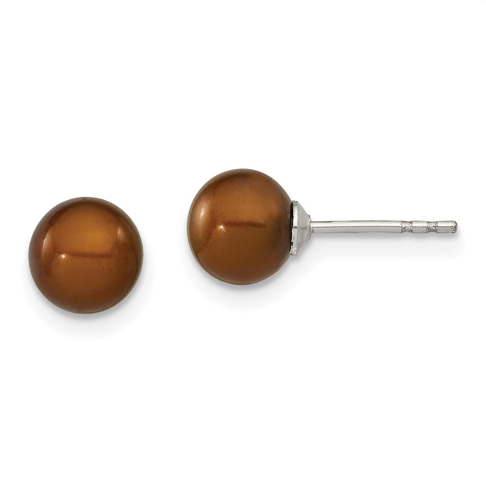 Sterling Silver Rhodium-plated 6-7mm Brown Round Freshwater Cultured Pearl Post Earring (QE12709)