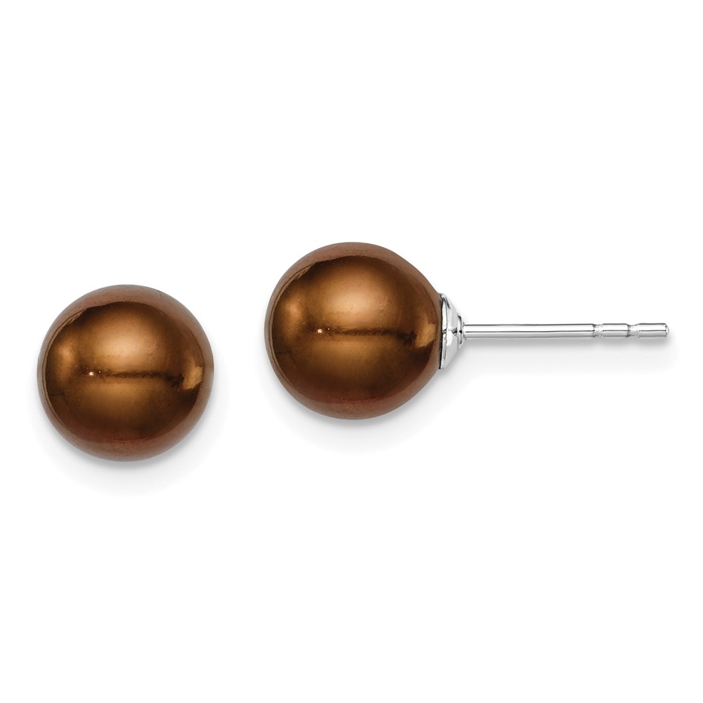 Sterling Silver Rhodium-plated 7-8mm Brown Round Freshwater Cultured Pearl Post Earring (QE12710)