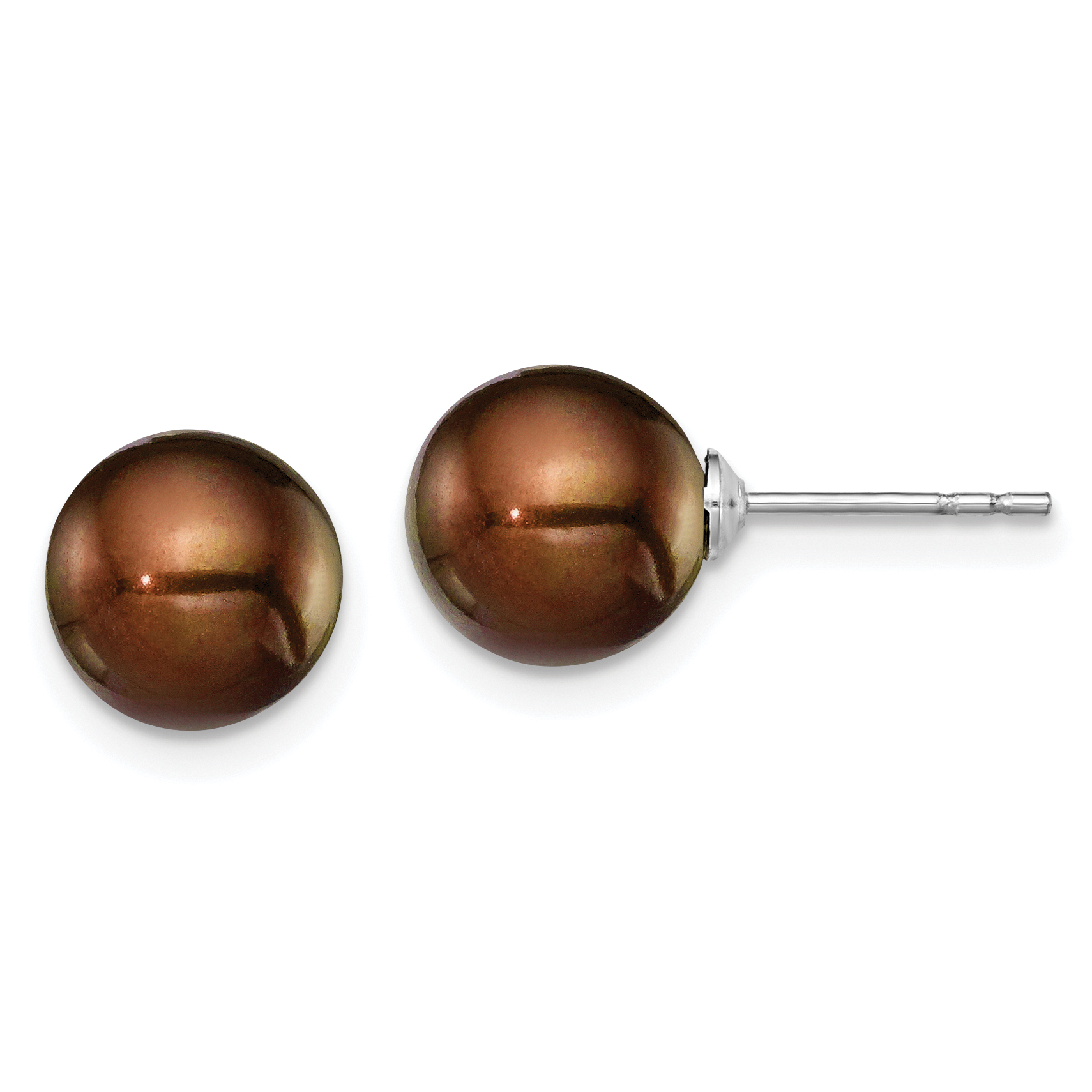 Sterling Silver Rhodium-plated 8-9mm Brown Round Freshwater Cultured Pearl Post Earring (QE12711)