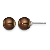 Sterling Silver Rhodium-plated 8-9mm Brown Round Freshwater Cultured Pearl Post Earring view 1