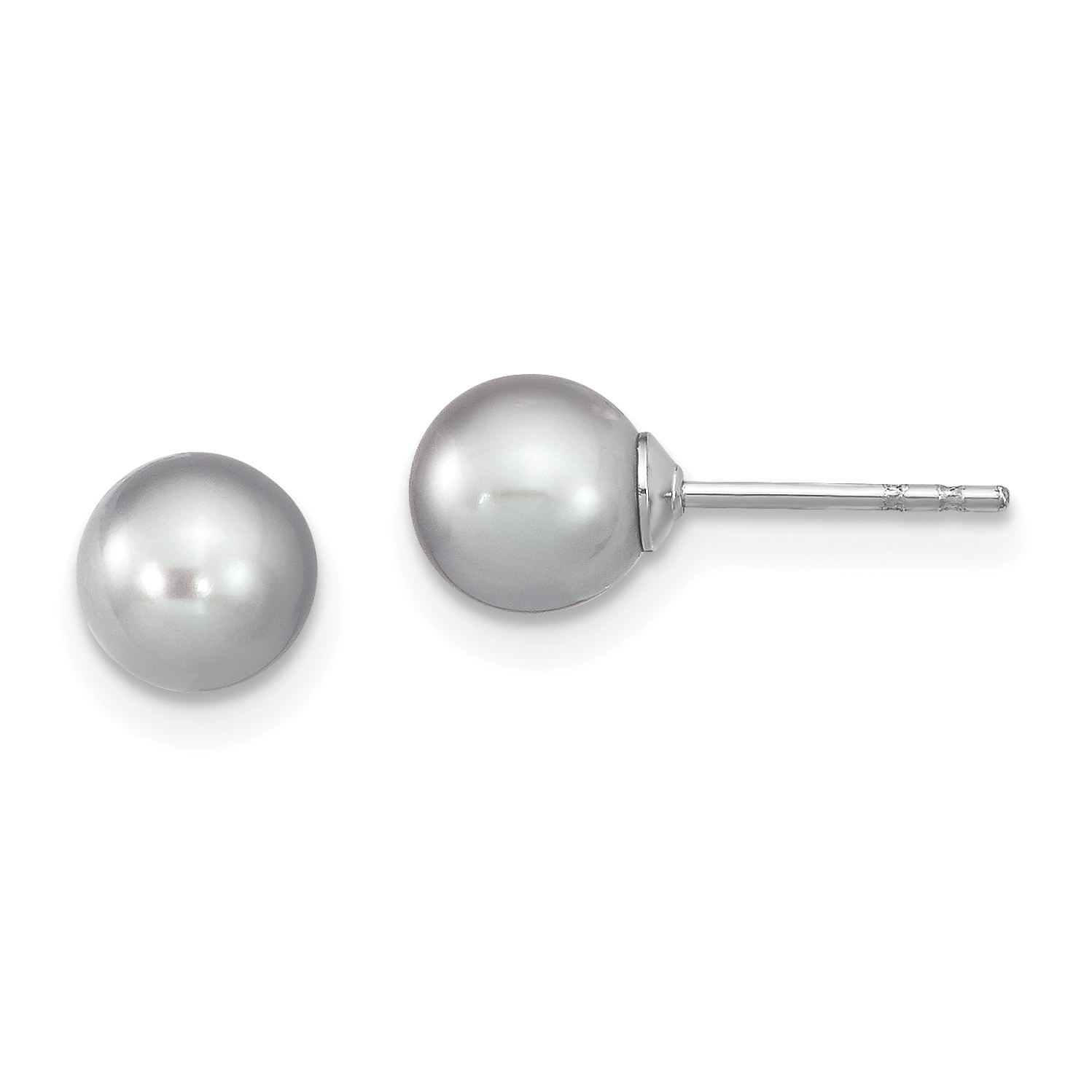 Sterling Silver Rhodium-plated 6-7mm Grey Round Freshwater Cultured Pearl Post Earrings (QE12713)