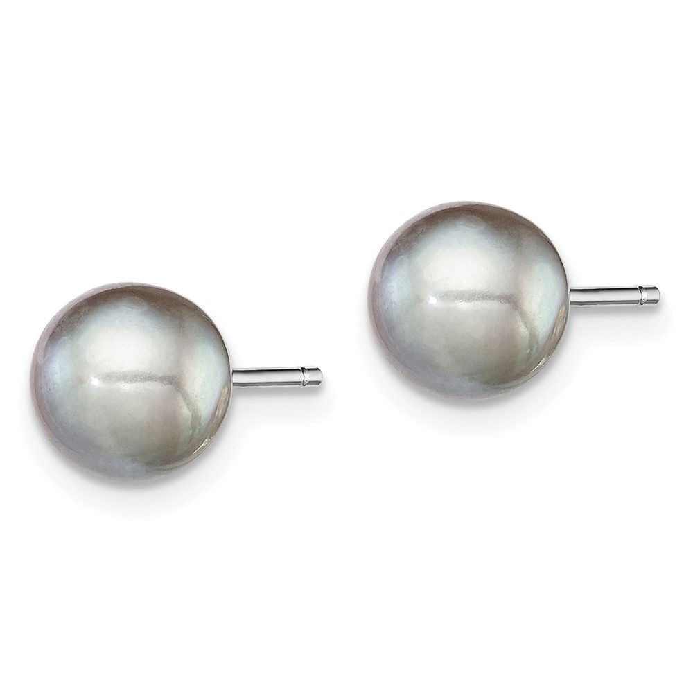 Sterling Silver Rhodium-plated 7-8mm Grey Round Freshwater Cultured Pearl Post Earrings (QE12714)