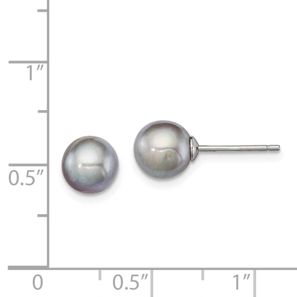 Sterling Silver Rhodium-plated 7-8mm Grey Round Freshwater Cultured Pearl Post Earrings (QE12714)
