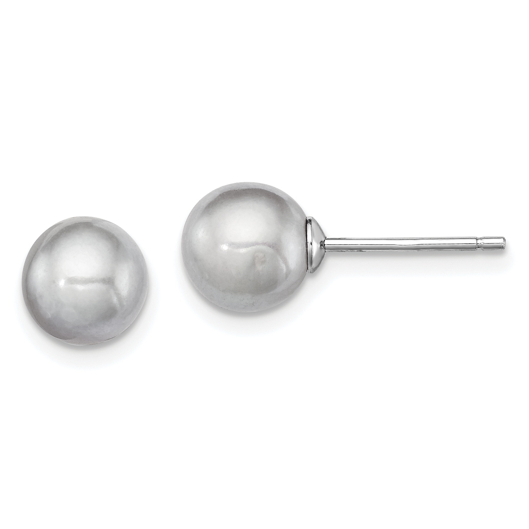 Sterling Silver Rhodium-plated 7-8mm Grey Round Freshwater Cultured Pearl Post Earrings (QE12714)