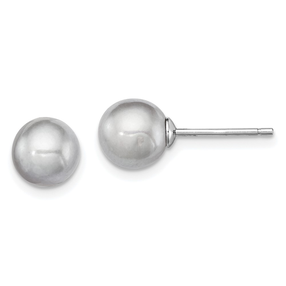 Sterling Silver Rhodium-plated 7-8mm Grey Round Freshwater Cultured Pearl Post Earrings (QE12714)