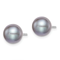 Sterling Silver Rhodium-plated 8-9mm Grey Round Freshwater Cultured Pearl Post Earrings view 2