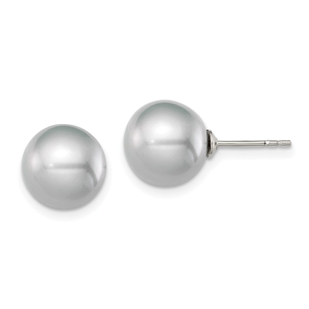 Sterling Silver Rhodium-plated 9-10mm Grey Round Freshwater Cultured Pearl Post Earrings (QE12716)