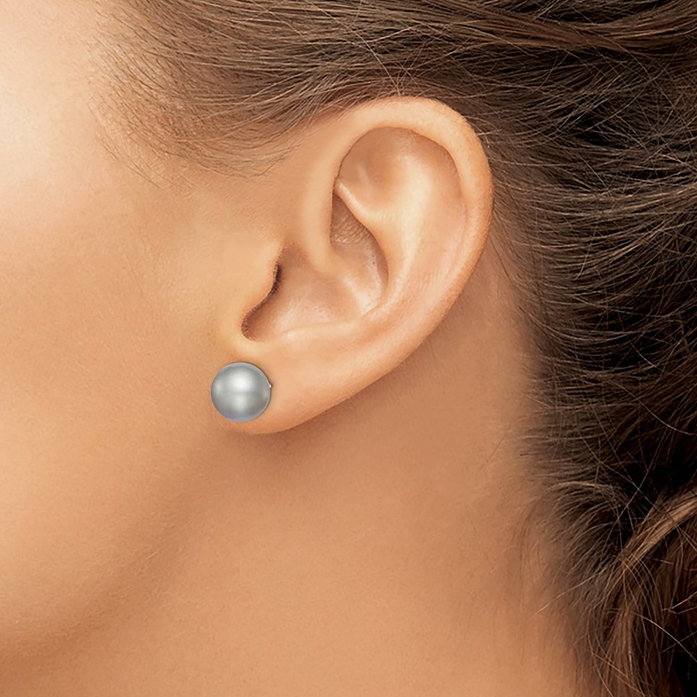Sterling Silver Rhodium-plated 10-11mm Grey Round Freshwater Cultured Pearl Post Earring (QE12717)