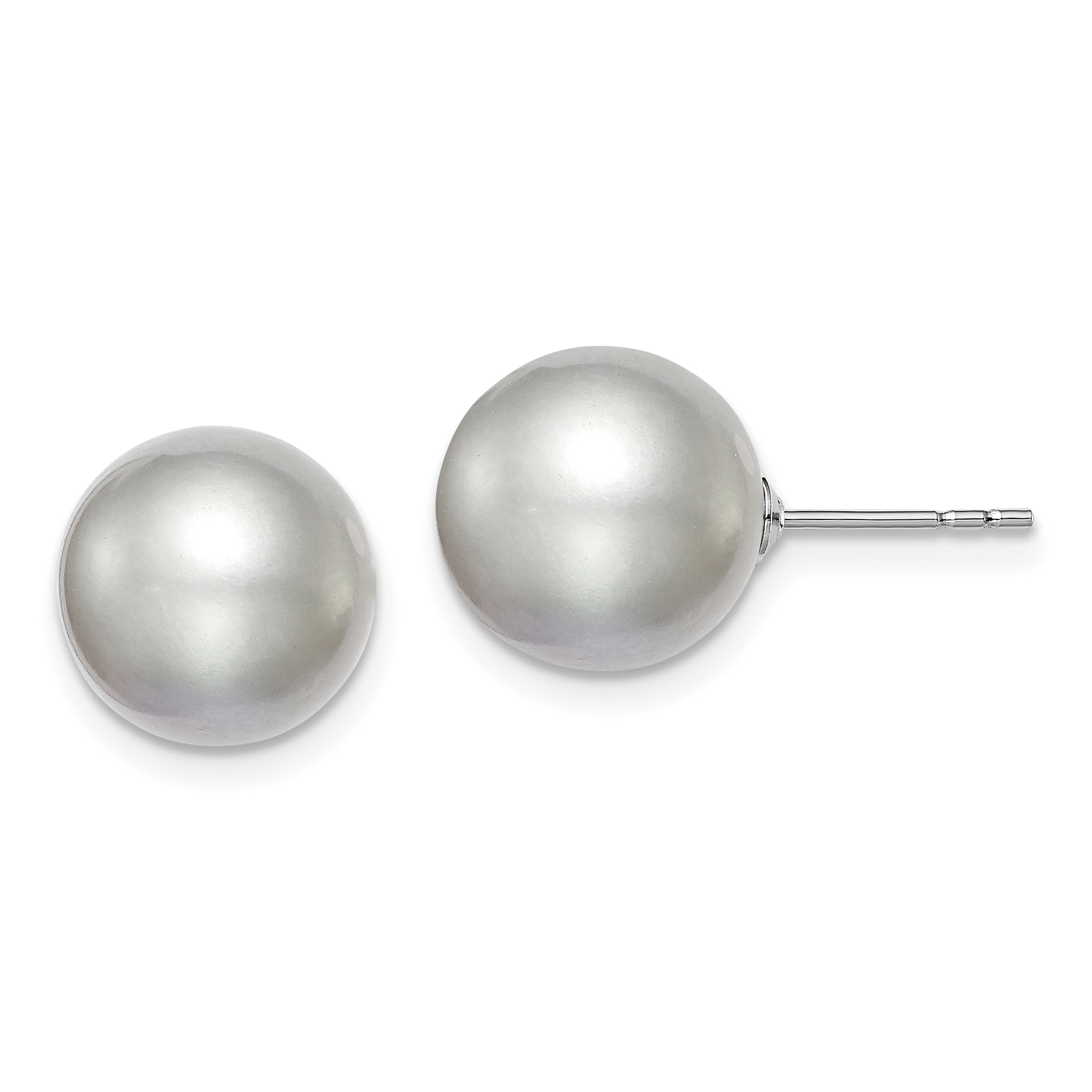 Sterling Silver Rhodium-plated 10-11mm Grey Round Freshwater Cultured Pearl Post Earring (QE12717)
