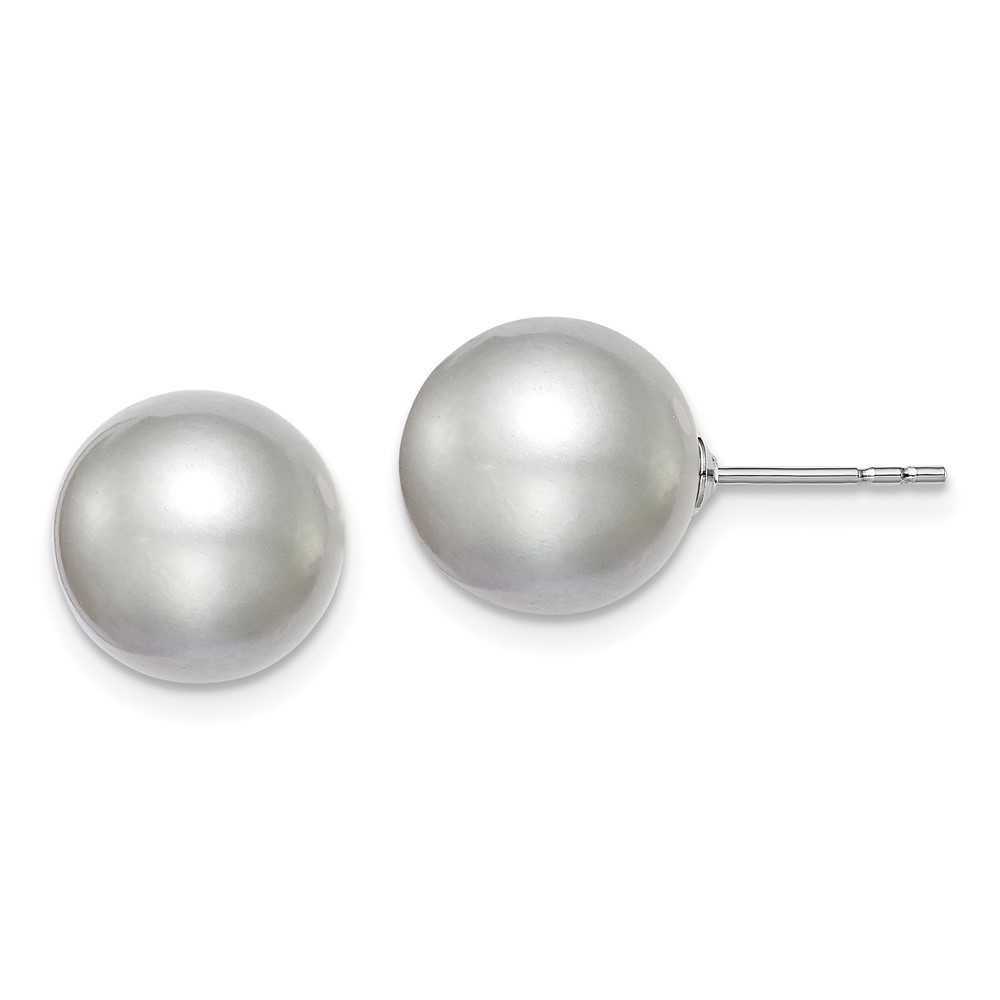 Sterling Silver Rhodium-plated 10-11mm Grey Round Freshwater Cultured Pearl Post Earring (QE12717)