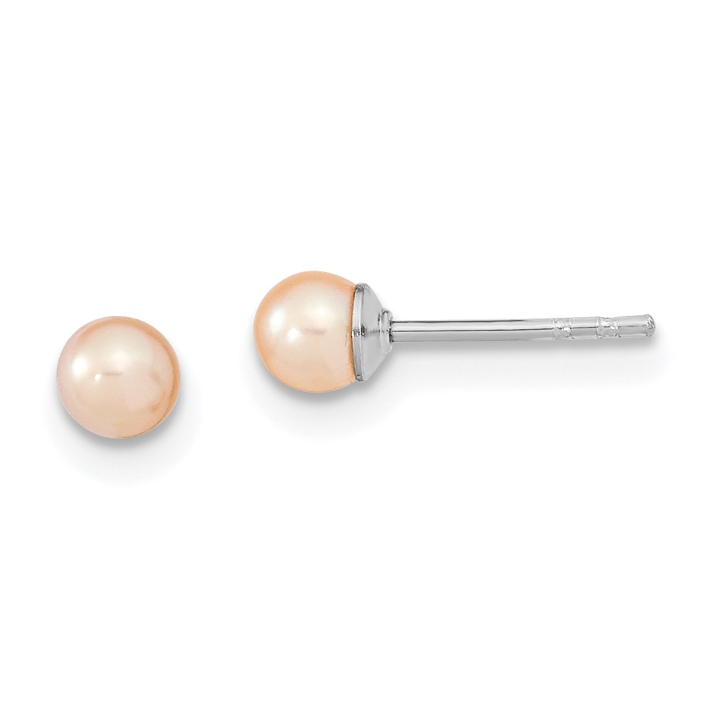 Sterling Silver Rhodium-plated 3-4mm Pink Round Freshwater Cultured Pearl Post Earrings (QE12718)