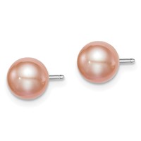 Sterling Silver Rhodium-plated 6-7mm Pink Round Freshwater Cultured Pearl Post Earrings view 2