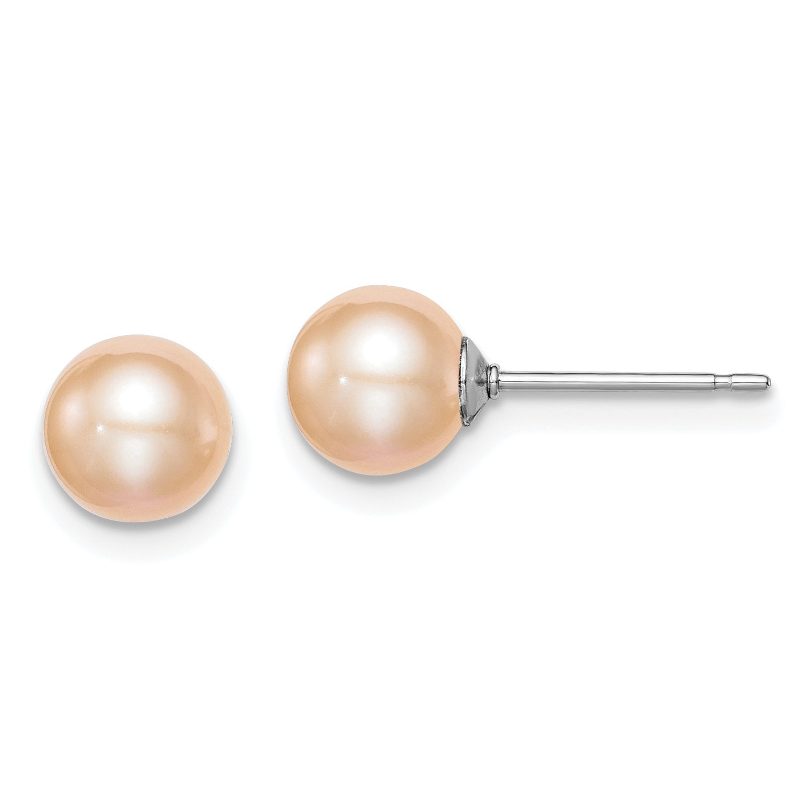 Sterling Silver Rhodium-plated 6-7mm Pink Round Freshwater Cultured Pearl Post Earrings (QE12721)