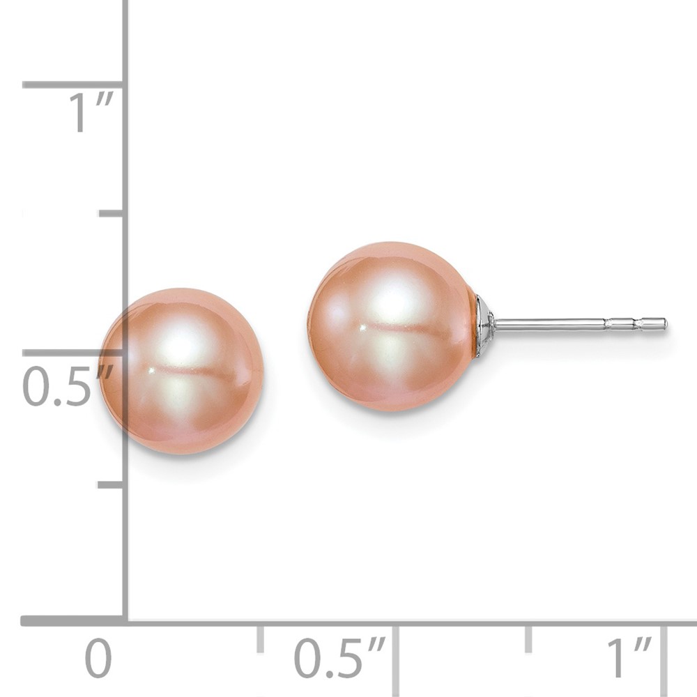 Sterling Silver Rhodium-plated 8-9mm Pink Round Freshwater Cultured Pearl Post Earrings (QE12723)
