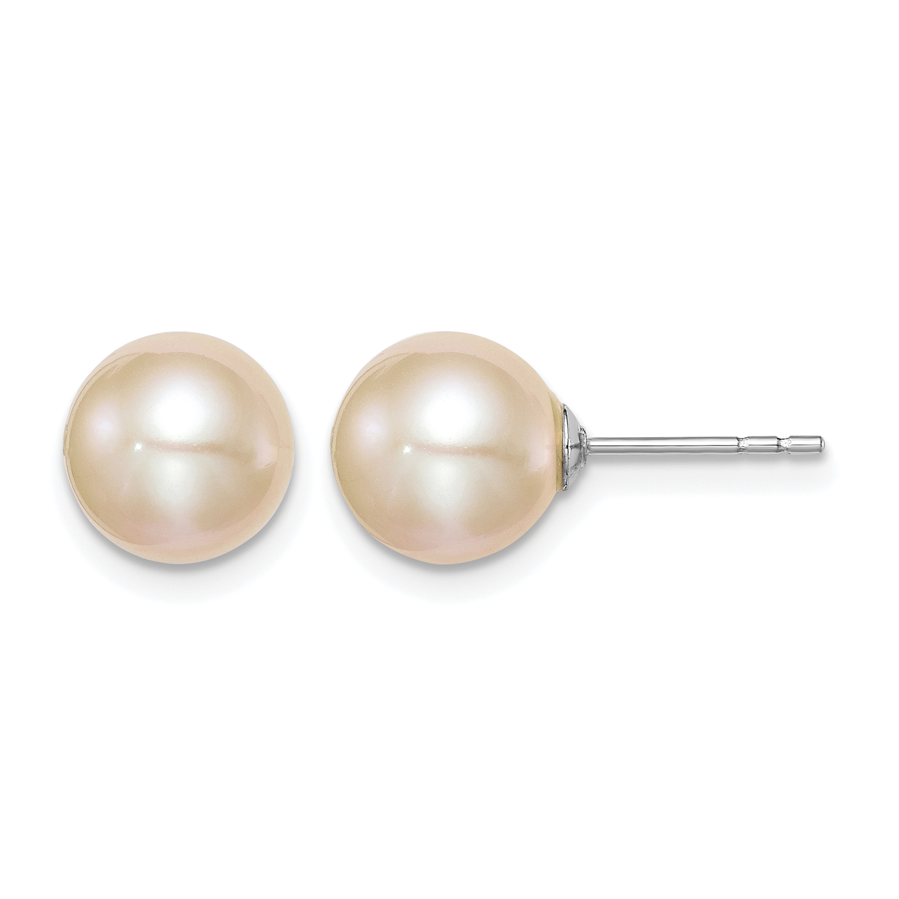 Sterling Silver Rhodium-plated 8-9mm Pink Round Freshwater Cultured Pearl Post Earrings (QE12723)