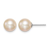 Sterling Silver Rhodium-plated 8-9mm Pink Round Freshwater Cultured Pearl Post Earrings view 1