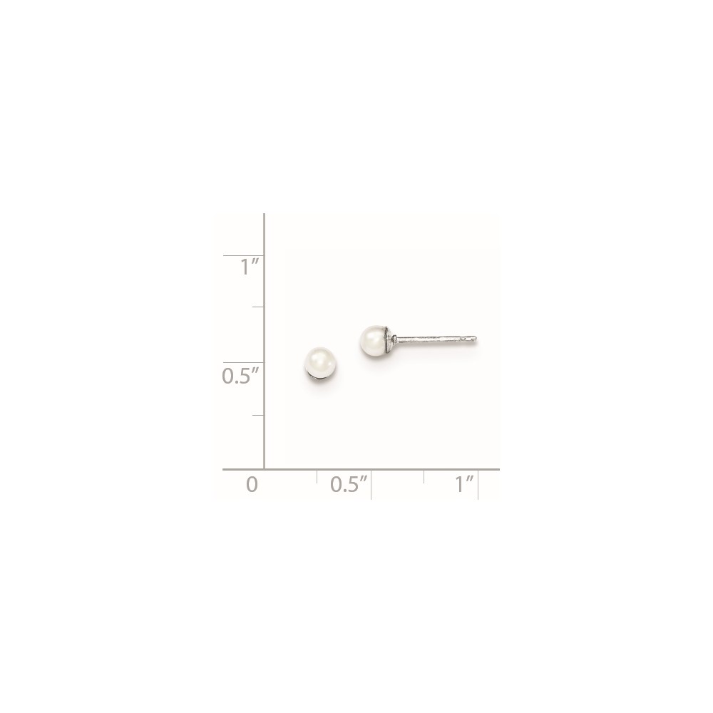 Sterling Silver Rhodium-plated 3-4mm White Round Freshwater Cultured Pearl Post Earrings (QE12730)