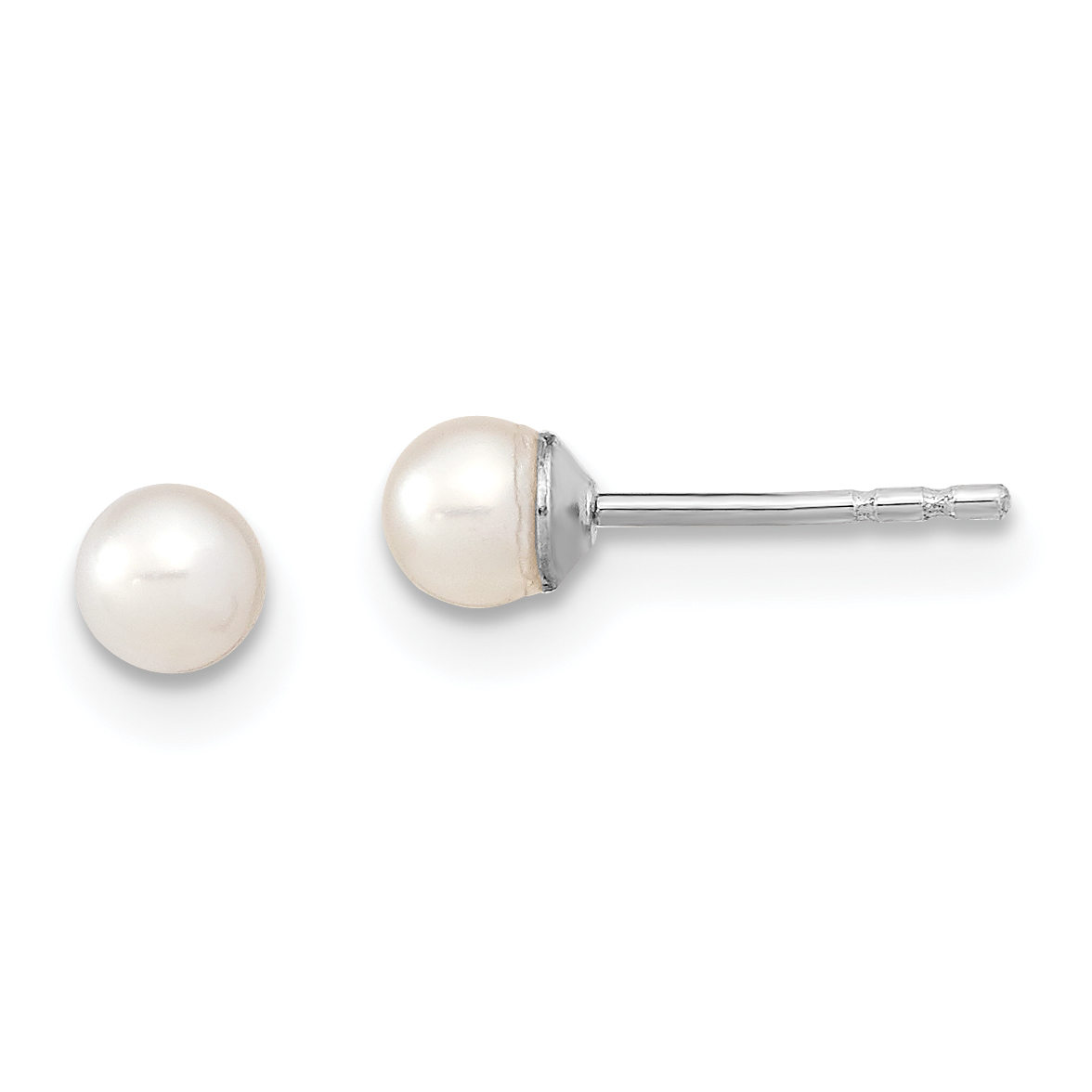 Sterling Silver Rhodium-plated 3-4mm White Round Freshwater Cultured Pearl Post Earrings (QE12730)